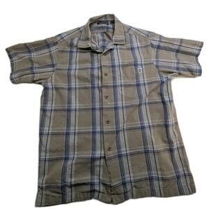 Solaris Men's Medium Plaid Camp Shirt Short Sleeve Tan Blue 100% Cotton